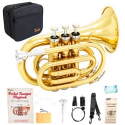 Kmise Bb Portable Pocket Trumpet, Premium Brass Mini Trumpets for Students Beginners, Trumpet Instrument Set with Sturdy Case, 7C Mouthpiece, Beginner's Guide Kit, and Cleaning Kit (Gold Lacquer)