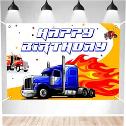 BECKTEN Heavy Duty Trucks Happy Birthday Banner Backdrop Big Truck Photo Booth Cake Background Decor Cartoon Semi Truck Transportation Theme Decor for Kids Birthday Party Supplies 70.8x47.2in-BECKTEN