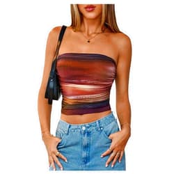 RoseSeek Women's Tie Dye Ruched Strapless Tube Top Sleeveless Fitted Elegant Crop Tops Going Out Bandeau