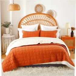 Softpage Burnt Orange Twin Quilt， Cotton Linen Twin Quilt Bedding Set，3-Pieces Quilted with Cream Stripe Coverlet Lightweight Bedding Comforters with 2 Pillow Shams