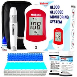 Medhome Blood Glucose Monitor Kit, 100 30G Lancets, Diabetes Testing with 100 Glucometer Strips,1 Lancing Device, 1 Blood Sugar Monitor with Control Solution, Large Memory Capacity, No Coding.