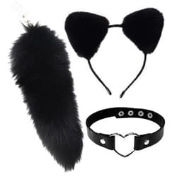 Forssils Cat Fox Ears and Tail Set Wolf Animal Tail Cosplay Costume Halloween Leather Neck Chocker Set （Ear Chocker Set-Black）