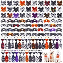 Reginary 100 Pieces Dog Bow Tie Collar Set Include 40 Dog Neckties, and 30 Puppy Bow Tie, 30 Collar Flowers, Adjustable Dog Bows Grooming for Small Medium Dogs Supply (Black and White)