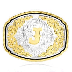 Montana Silversmiths Engraved Filigree Silver and Gold Tone Initial Rope Border Western Belt Buckle