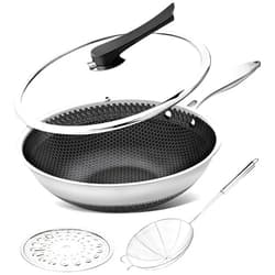 MICHELANGELO Wok Pan with Lid, 12 Inch Stainless Steel Wok with Spider Strainer and Steaming Rack, Honeycomb & Stir-fry Pans Flat Bottom Wok Induction Compatible, Dishwasher and Oven Safe