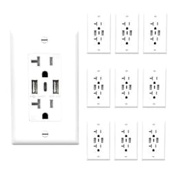 TOPGREENER USB Outlet, 3-Port Type C USB Wall Outlet, 20 Amp Tamper-Resistant Receptacle Plug, 20A Charging Power Outlet with USB Ports, UL Listed, TU22036AC3-W-10PCS, White, 10 Pack