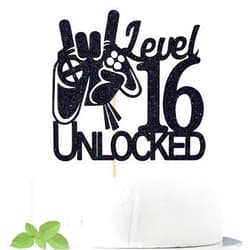 Cos mos Level 16 Unlocked Game Birthday Cake Topper - Boy's 16th Birthday Cake Decorations - Sweet 16 - Video Game Theme Cake Topper - Level Up Winner Party Decoration Supplies, Black Glitter