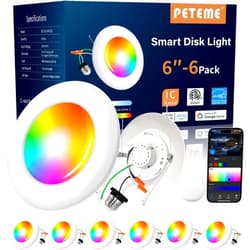 Peteme Smart Led Disk Lights, Smart Flush Mount Ceiling Lights 5/6 Inch, RGBWW Color Changing Dimmable Recessed Light, IC Rated ETL Certified, Compatible with Alexa/Google, Sync to Music,1150LM, 6Pack