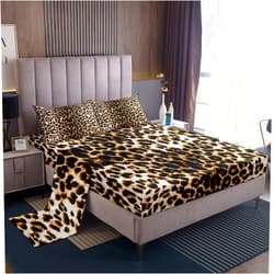 Castle Fairy Leopard Print Bed Sheet Set Queen Size,African Cheetah Skin Print Fitted Sheet 4Pcs,Leopard Fur Pattern Fitted Sheets Luxury Wildlife Animal Theme Bedding Set with 1 Flat Sheet 2 Pillowcase,Brown
