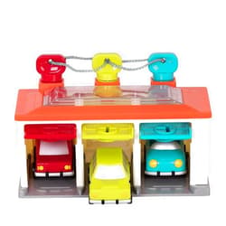 Battat – Car & Color Sorting Playset – Cause-And-Effect Toy – Push & Go Cars – Color-Coded Matching – 2 Years + – 3-Car Garage, Red