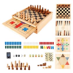 GSE Games & Sports Expert Wooden 9-in-1 Chess, Checkers, Backgammon, Dominoes, Chinese Checkers, Tic-Tac-Toe, Ludo, Playing Cards & Poker Dice Game Combo Set