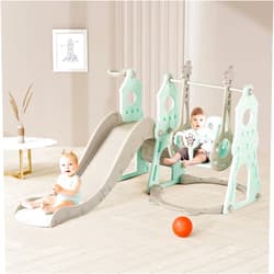 Duke baby 4-in-1 Toddler Slide and Swing Set with Extra Large Playground, Basketball Hoop & Climber, Indoor/Outdoor Playset, Castle Collection – Mint Green
