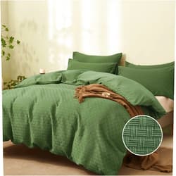 JELLYMONI Olive Green Duvet Cover Queen Size - 3 Pieces Soft and Breathable Microfiber Knitted Jacquard Waffle Weave Striped Comforter Cover with 8 Corner Ties & Zipper Closure