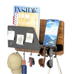 CLESOO Mail Holder Wall Mount - 6 Key Hooks Hanging Mail Organizer with Phone Holder - Letter Storage with Eyeglasses Holder, Magnets - Key Hanger with Shelf for Wall Entryway Hallway