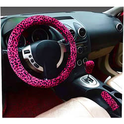 Mayco Bell 3 in 1 Soft Car Leopard Print Steering Wheel Cover handbrake Grip Gear Shift Collar Covers 38cm Short Plush Warm Winter for All Cars Red (Light Red)