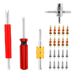 Gosknor Tire Valve Repair Tool Set, 4pcs Valve Stem Core Wrench Removal Tools & 10pcs Copper Valve Cores & 10pcs Copper Nickel Plated Valve Cores Remover Accessories Kit for All Standard Valves Cars Trucks