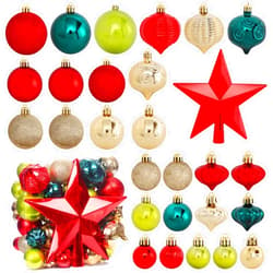 BSTDECOR Christmas Ornaments Set, 52 Pack Red Green Gold Christmas Tree Ornaments Set with Shatterproof Hanging Decorative Baubles and Star Tree Topper Christmas Decoration for Tree Home Office Party