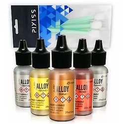 Pixiss Alcohol Ink Alloys Complete Metallic Set | Ranger Tim Holtz Brand | Colors Include Gilded, Mined, Foundry, Statue, Sterling | 10 Pixiss Alcohol Ink Blending Tools