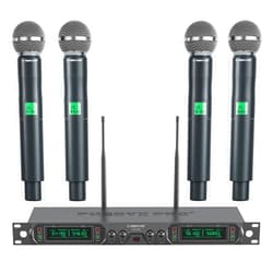 Phenyx Pro Wireless Microphone System, 4-Channel UHF Wireless Mic, Fixed Frequency Metal Cordless Mic with 4 Handheld Dynamic Microphones, 260ft Range, Mics for Singing, Church(PTU-5000-4H)