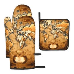 MDATT Oven Mitts Set,Multi-Function Heat Resistant Kitchen Pot Holders for Kitchen Or Baking (3pcs),Old Stained World Map Print