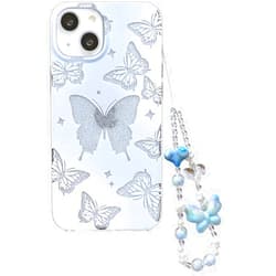 Abbery Designed for iPhone 13/14 Case Glitter Cute Clear with Design Butterfly with Strap Wrist Bling Sparkle Purple Blue Aesthetic Protective Glossy Phone Cover Case Women Girls (Butterfly)