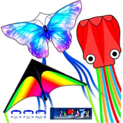 SGftre 3 Piece Set Butterfly Delta Octopus Kites for Kids and Adults，Easy to Fly for Outdoor Adults Children Line Kite for Kids Toy (Gradient Grassland Rainbow+Octopus Red+Blue Dreamy Butterfly, 3)