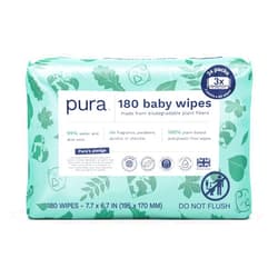 Pura Baby Wipes 3 x 60 per pack (180 Wipes) 100% Plastic-Free & Plant Based Wipes, 99% Water, Suitable for Sensitive & Eczema-prone Skin, Fragrance Free & Hypoallergenic, EWG, Cruelty Free