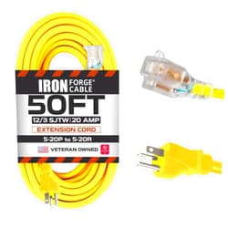 Iron Forge Cable 50 Ft 20 Amp Dryer/EV Extension Cord - 5-20P to 5-20R Lighted Yellow SJTW 12 Gauge Electric Cable, Heavy Duty 50 Foot 3 Prong Dryer Cord