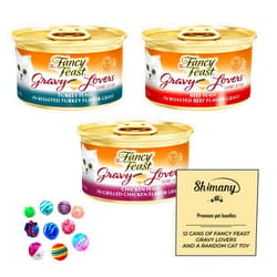 SHIMANY Fancy Feast Wet Canned Cat Food Gravy Lovers Variety Bundle - 3oz 12 Count. 3 Different Flavors - Plus a Random Cat Toy