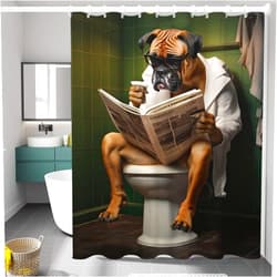 Reateforin Funny Boxer Dog Bath Shower Curtain,Cute Dogs Reading Newspaper on Toliet Bathroom Curtain Washable Cloth Kids Shower Curtain Sets with 12 Hooks Waterproof for Bathroom Decor,72