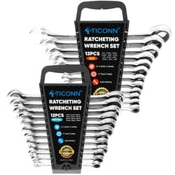 TICONN 24PCS Ratcheting Wrench Set with Organizer Rack, Professional Slim Profile Mechanic Cr-V Ratchet (12PCS Inch (SAE) & 12PCS mm (Metric))