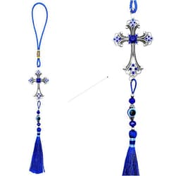 LUCKBOOSTIUM Evil Evil Eye & Cross Charm Hanging Ornament w/Center Blue Crystal and Tassels Sign for Good Luck Health & Spiritual Protection Home Bag & Car Rear View Mirror Hanging Accessories