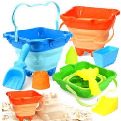 LNCOJOLM 9 Pack Beach Collapsible Buckets Sand Toy, Castle Mold Building Kit Foldable Pail Set for Kids, Summer Sand Toys with Shovels Rake Spade Scoop for Sandbox, Garden, Outdoor, Yard