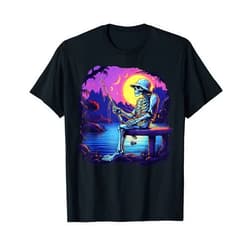 Fishing Fisherman Skeleton Gifts Skeleton Fishing Sunset Bass Fisherman Skeleton Halloween T-Shirt