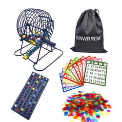 JUNWRROW Deluxe Bingo Set- includes 1000 Colorful Chips with a Bag,100 Mixed Cards,75 Calling Balls with a Bag, 6 Inch Rotary Bingo Cage& Bingo Master Board,Bingo Storage bag -Ideal for Large Groups
