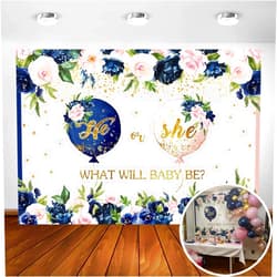 Avezano Navy and Blush Gender Reveal Backdrop He or She Navy Blue Blush Pink Floral Baby Gender Reveal Photography Background Pregnancy Reveal Surprise Boy or Girl Party Decoration Backdrops (7x5ft)
