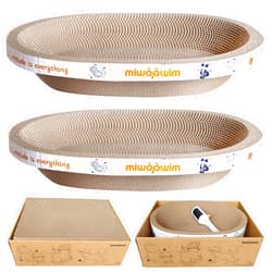 Miwoowim 4PCS 2 Cat Scratcher Bowl +1 Corrugated Scratch Pad with Box+ 1 Brush,Oval Shape Cat Scratcher Cardboard Bed, Scratching Lounge Bed, Cute Round Scratcher