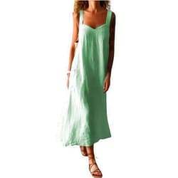 chouyatou Women's Summer Spaghetti Strap Sleeveless Linen Overall Dress Casual A-Line Midi Long Beach Dress