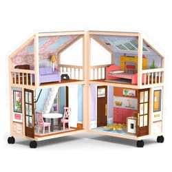 KidKraft So Darling Wooden Dollhouse on Wheels, Open & Close with 29 Accessories