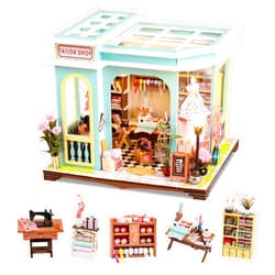 Lovelyhome DIY Miniature House Kit,Tiny House Tailor Shop with Furniture & LED,DIY Dollhouse Miniature Kit for Adults Teen,Mini House Building kit,3D Wooden Craft Mini Model Kit,Birthday Gifts Home Decor