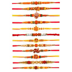 Vibrant-Gujarat Rakhi for brother | Rakhi Set of 12 for Brother | Rakhee Bracelet on Festival of Raksha Bandhan for Brothers | Made by fine Threads Rudraksha Kundan Multicolored Stone and Small White Beads