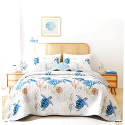 weigelia Coastal Quilts Bedding Set Twin Size - Summer Sea Turtles Nautical Bedding Quilt with Pillow Cases, Beach Reversible Quilt Set Bedspreads Coverlet Soft Lightweight Comforter