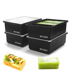 BECOKIT Silicone Freezer Tray With Lid - Silicone Freezer Food Molds- Large Ice Cube Tray,Silicone Freezer Container,Freeze & Store Soup, Sauce, Broth,Leftovers - Makes 3 Perfect 1 Cup (Black 4 Tray)