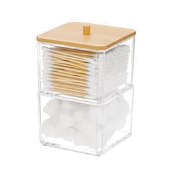 Hipiwe Clear Q-tip Dispenser Holder Acrylic Bathroom Containers 2-Tier Square Apothecary Jar with Lid Canister Cotton Swab and Ball Holder Vanity Storage Organizer for Cotton Round,Cotton Pads, Floss