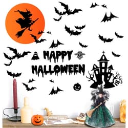CASADECOR Wall Decals Happy Halloween Wall Stickers Window Art Decoration Vinyl Witch Bats Castle Decals for Home Decor DIY Wall Decal Indoor Hallowmas Party Supplies