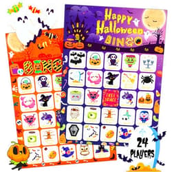 MonEnfance Halloween Bingo Cards, 24 Players Halloween Bingo Game for Kids Adults with Punny Stickers Cute Party Game for Family Classroom Large Group