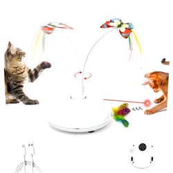 Potaroma Electric Running Cat Laser Toys Interactive, Fluttering Butterfly, 4in1 Automatic Rechargeable Kitten Toy, Colored Feather, Indoor Exercise Cat Kicker, White