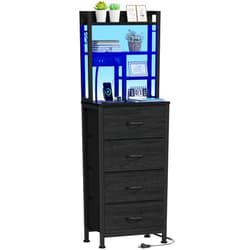 Furnulem Tall Nightstand, LED Night Stand with Charging Station and USB Ports, 4 Fabric Drawers and 4 Tier Storage Shelf, Nightstands Bedside Tables for Bedroom, Dorm, Office (Black Oak)