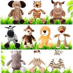 HyDren 10 Pieces 9 Inches Safari Stuffed Animals Set and Elephant Giraffe Lion Tiger Monkey Rhinoceros Zebra Leopard Hippo for Shower Jungle Animal(Classic)