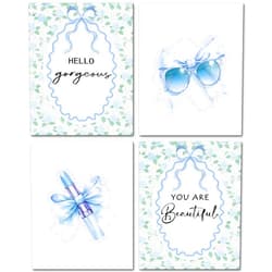 JINYO Coquette Blue Bow Hydrangea Floral Wall Art Prints Set of 4, Coquette Room Decor, Cottagecore Blue Floral Sunglasses Lipstick Posters Pictures Wall Decor for Girls Bathroom Home, 8x10 Unframed